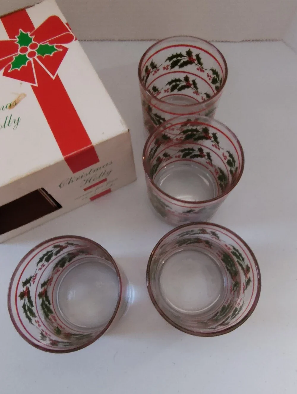Vtg Indiana Glass Christmas Holly Service for 4 14 oz Rocks Holiday Glasses Box
